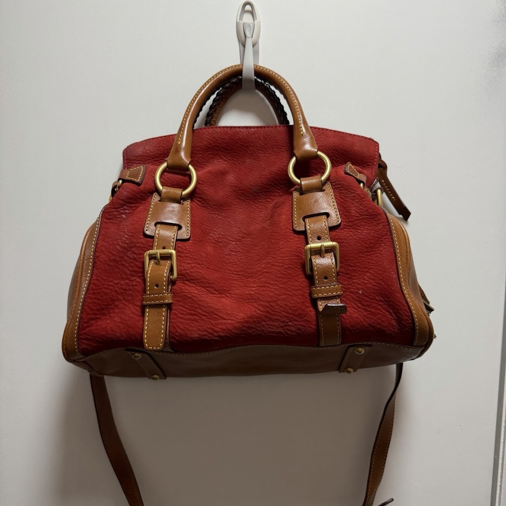 Dooney & Bourke Bags Jones Medium Nubuck Leather Satchel Bag Red Brown Green HTF
